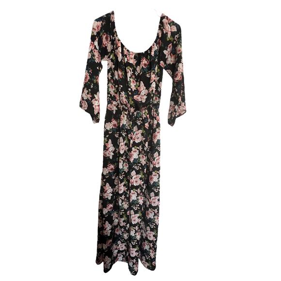 Altar'd State Dress Womens Size Medium Black Floral  off the shoulder Maxi Boho - Picture 1 of 4